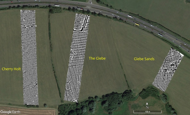 Google Earth image showing the three transects across three fields surveyed in 2023.