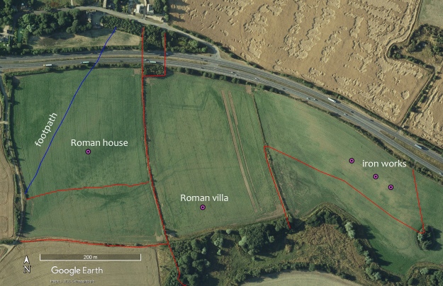 Old field boundaries, archaeological sites and a footpath from the 19th century OS map overlain on a Google Earth image.