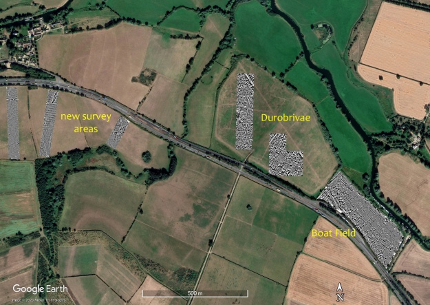 Google Earth image showing the locations of the areas surveyed at Durobrivae.